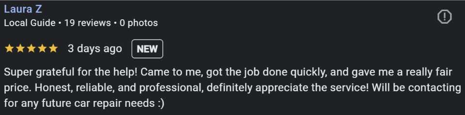 Positive testimonial on CX Automotive's automotive services Customer feedback on professional and reliable automotive service and fair prices.