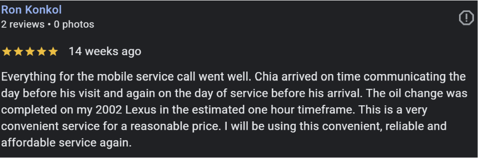 Mobile Auto Repair Customer Testimonial Customer testimonial praising the automotive mobile service and positive experience.